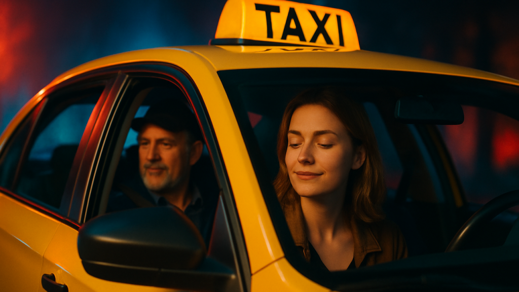 Relatar la sensación de tranquilidad que siente un usuario al saber que un taxi le lleva a casa de forma segura después de una noche larga, subrayando la confianza creada con el taxista habitual de su barrio.