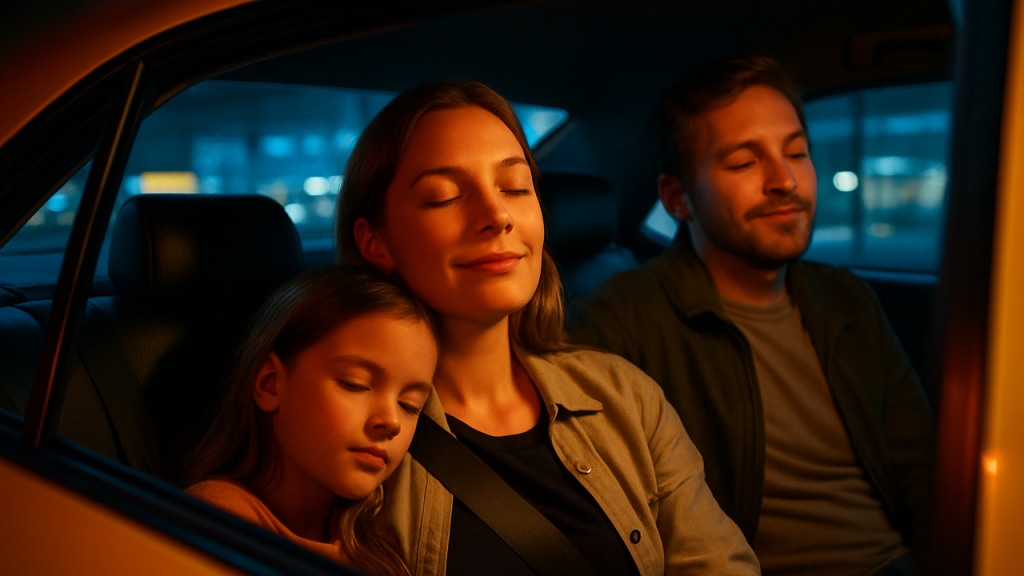 Describir el momento en el que una familia llega cansada al aeropuerto y encuentra en el taxi un espacio de respiro, donde por fin pueden relajarse y sentir que ya están en casa.