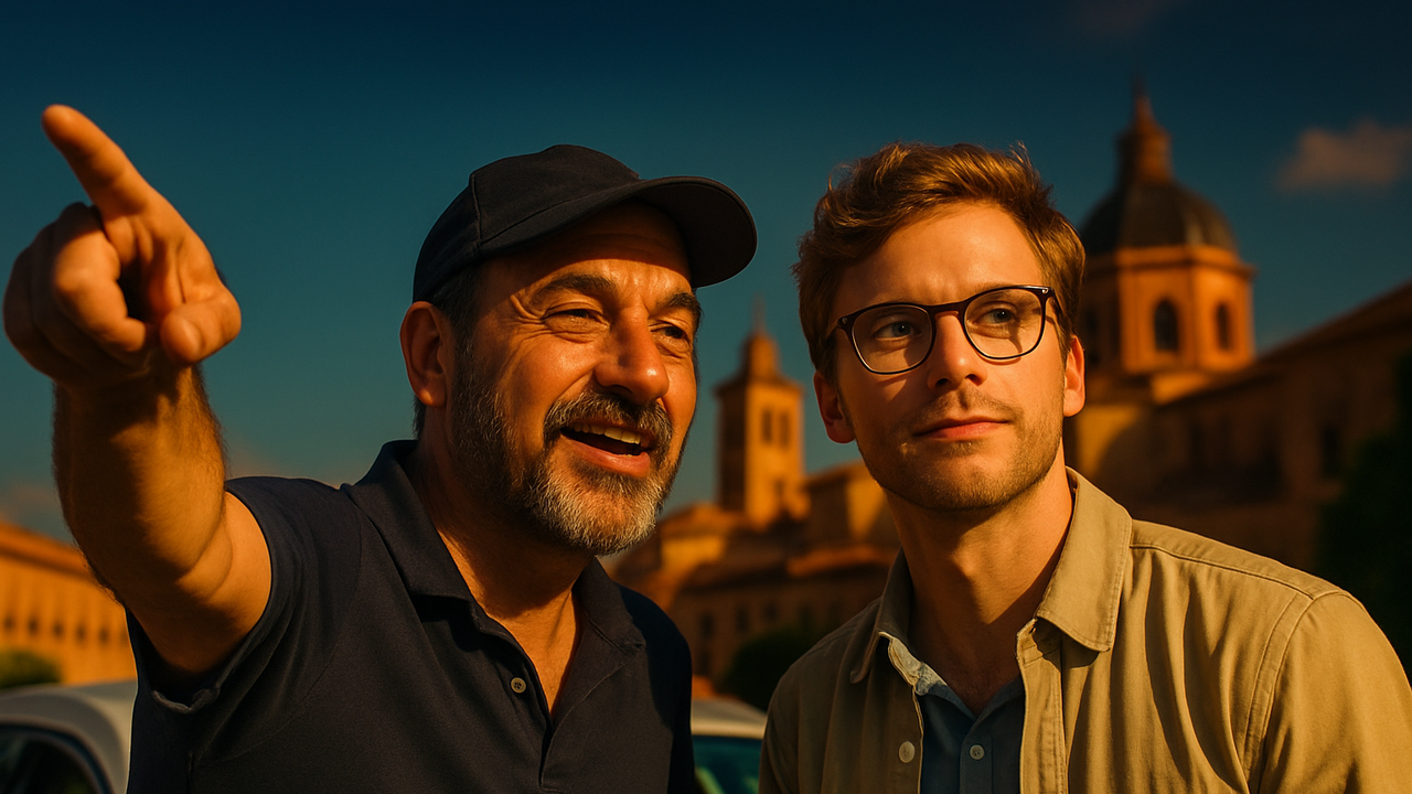 Describir el orgullo de un taxista español al enseñar su ciudad a un visitante extranjero, compartiendo historias, anécdotas y rincones secretos que no salen en las guías.