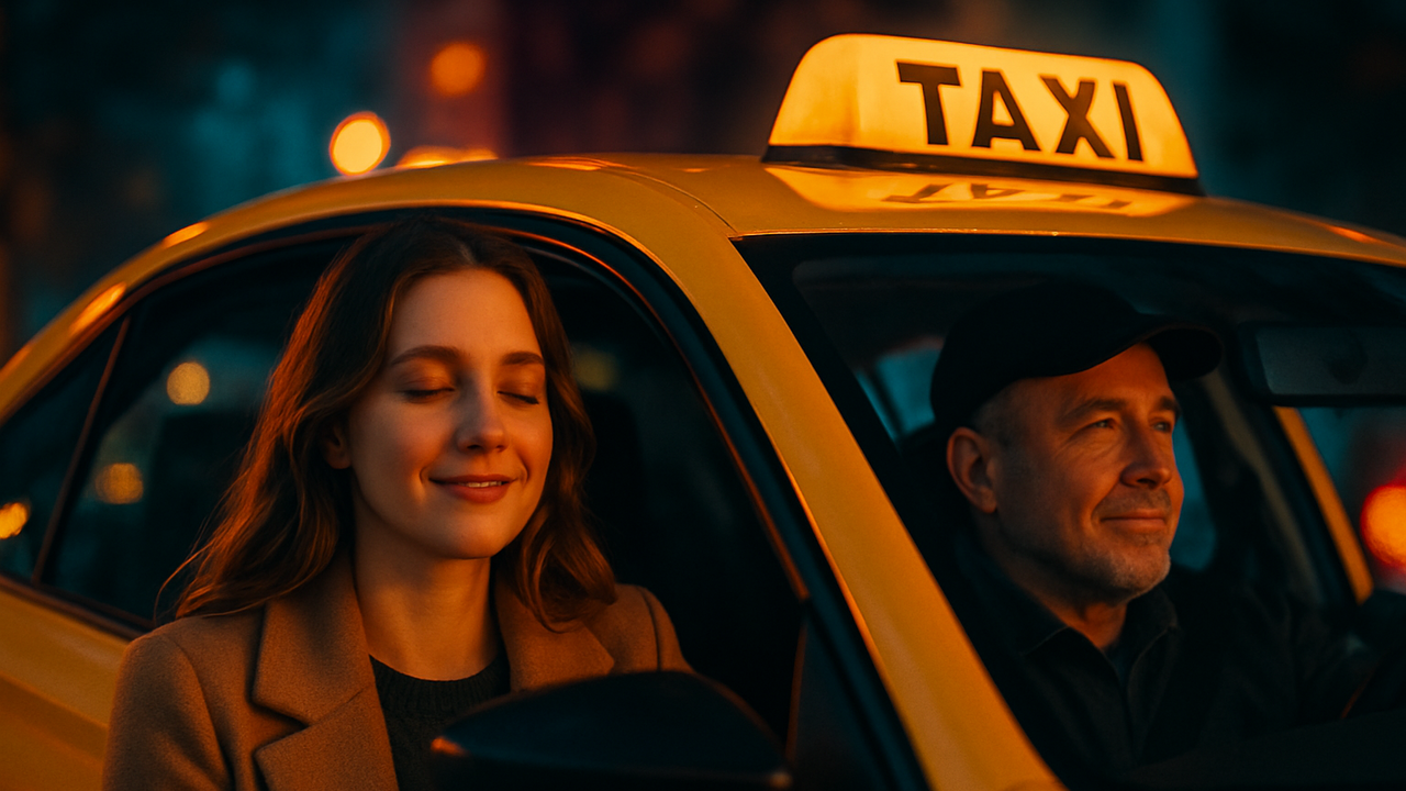 Relatar la sensación de tranquilidad que siente un usuario al saber que un taxi le lleva a casa de forma segura después de una noche larga, subrayando la confianza creada con el taxista habitual de su barrio.