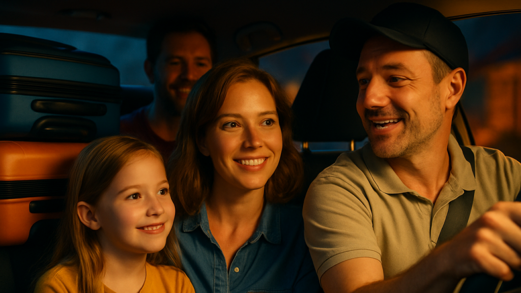 Relatar la alegría de una familia que viaja en taxi camino a unas vacaciones muy esperadas, con las maletas llenas de ilusiones y el conductor compartiendo consejos sobre el destino.