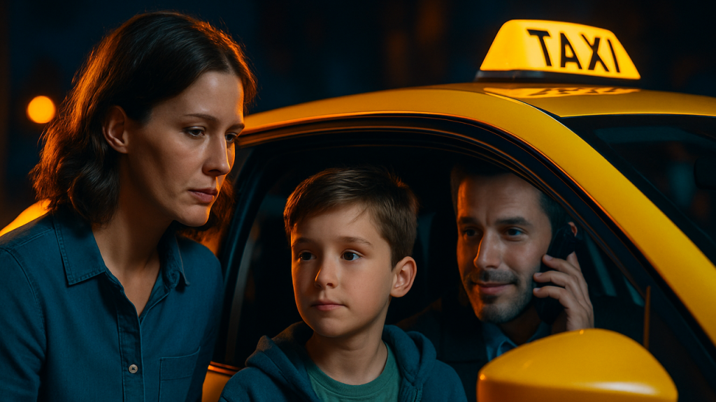 Narrar la preocupación de una madre que envía a su hijo en taxi por primera vez y cómo la profesionalidad del taxista, con llamadas y mensajes, termina generando confianza y tranquilidad.