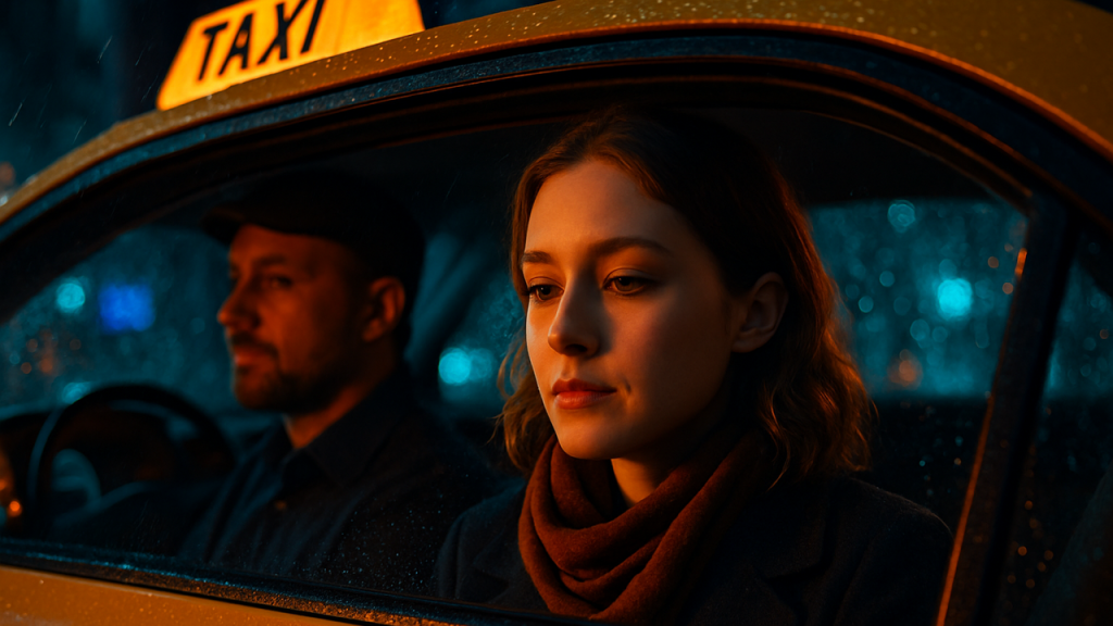 Contar cómo un viaje en taxi bajo la lluvia, con música suave de fondo, puede convertirse en un momento de introspección y calma, casi terapéutico, para un pasajero agotado.