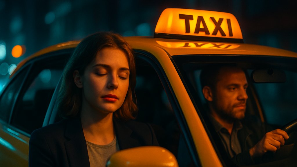 Describir cómo un taxi se convierte en refugio para una persona que sale tarde del trabajo, agotada, y encuentra en el trayecto un pequeño espacio de calma, lejos del ruido y las prisas.