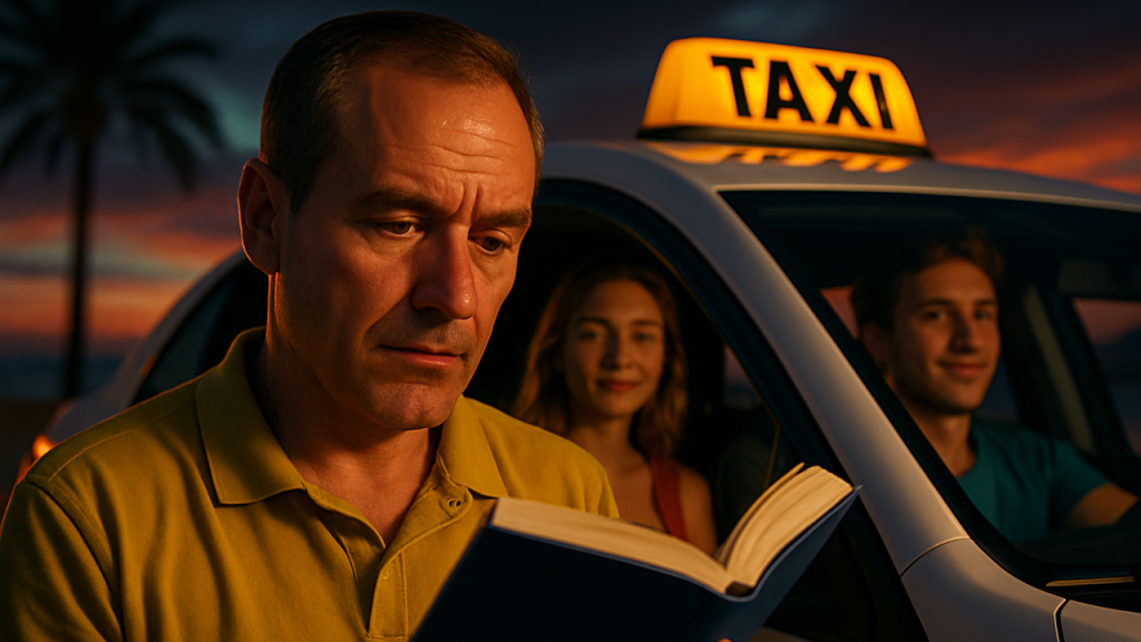 Contar la historia de un taxista que decidió estudiar idiomas por su cuenta para atender mejor a turistas en una ciudad costera española, mejorando así sus ingresos y su satisfacción profesional.