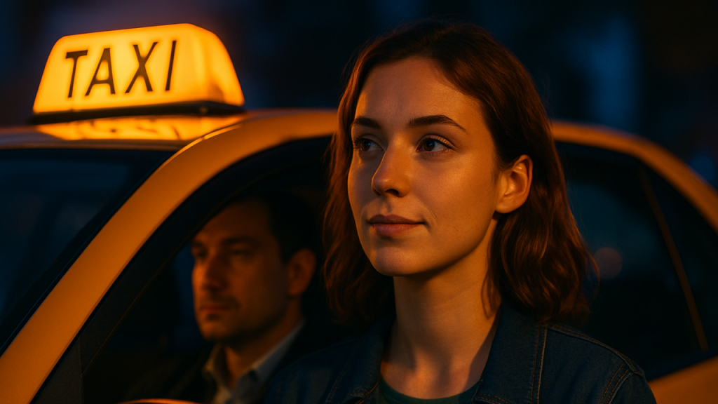 Describir la sensación de seguridad que experimenta una persona joven al elegir un taxi oficial para volver a casa de madrugada, confiando en la regulación y en la identificación visible del vehículo.