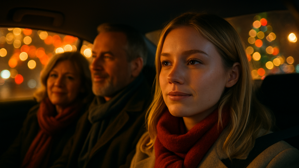 Describir un trayecto en taxi en Navidad, con luces por las calles, villancicos en la radio y conversaciones sobre familia, fiestas y deseos para el año nuevo.