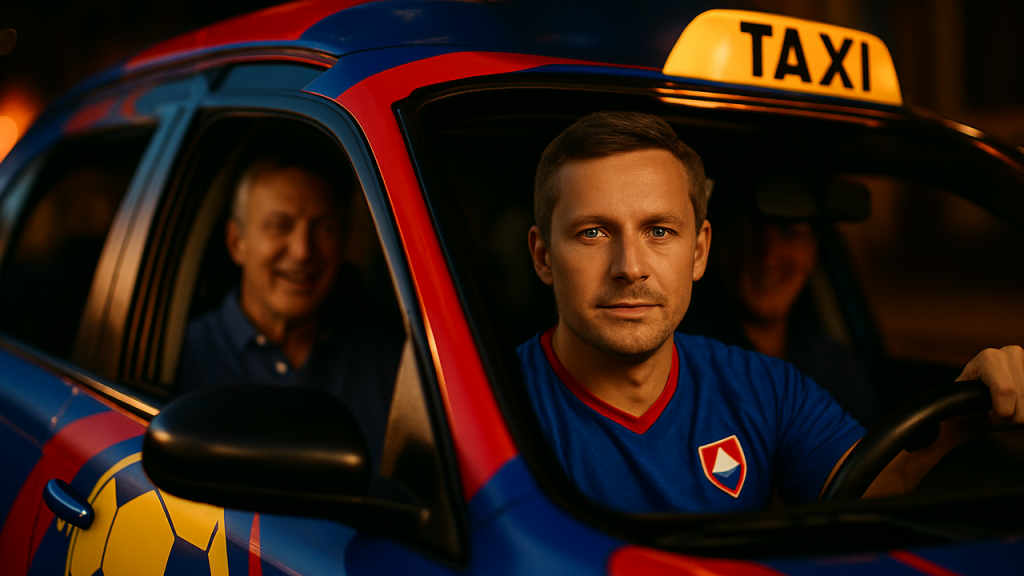 Relatar la experiencia de un taxista que decidió decorar su vehículo con motivos de su equipo de fútbol local y cómo esto genera conversaciones y buen ambiente con los pasajeros.