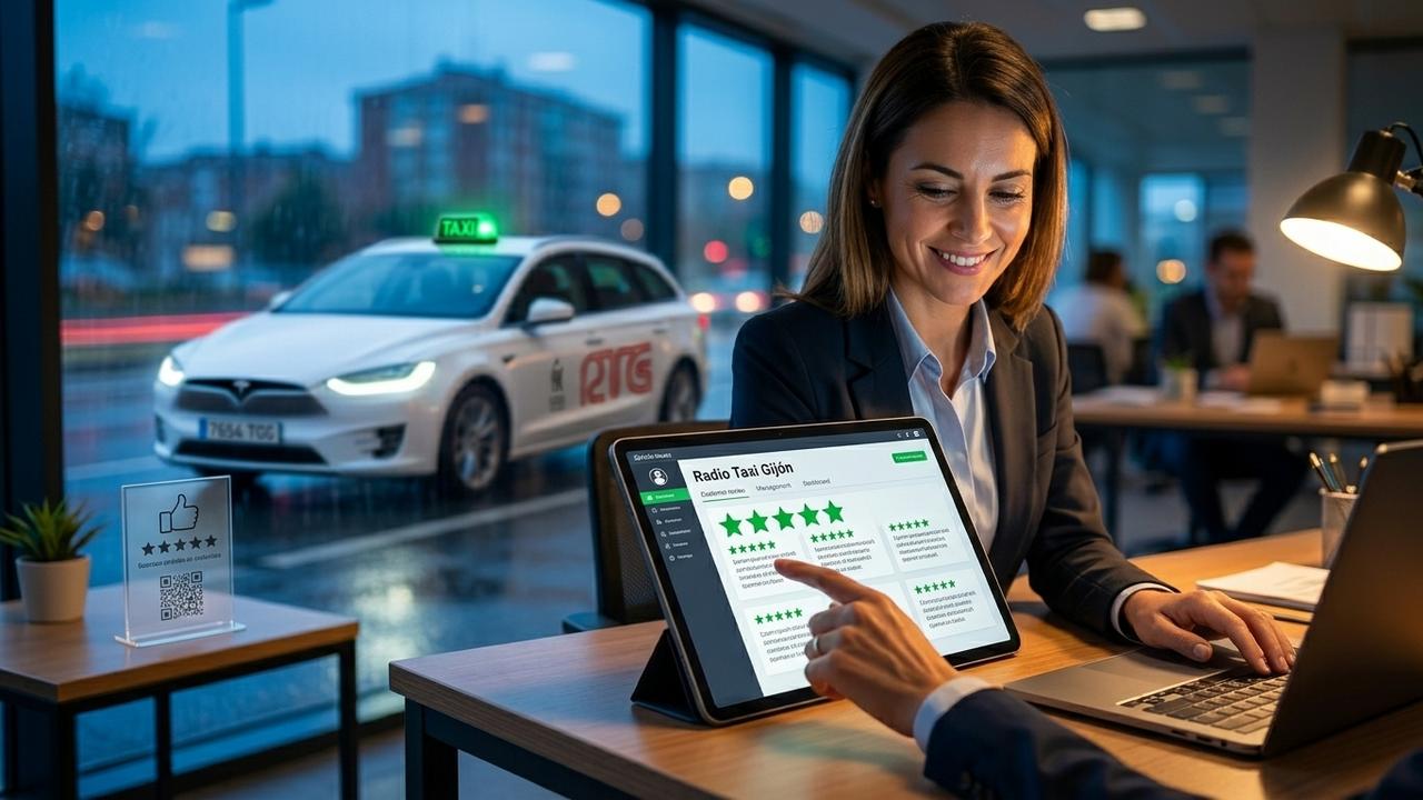 Explicar la importancia de las reseñas online para una flota de taxis y cómo la empresa anima a sus clientes a dejar opiniones, respondiendo siempre con cercanía y profesionalidad.